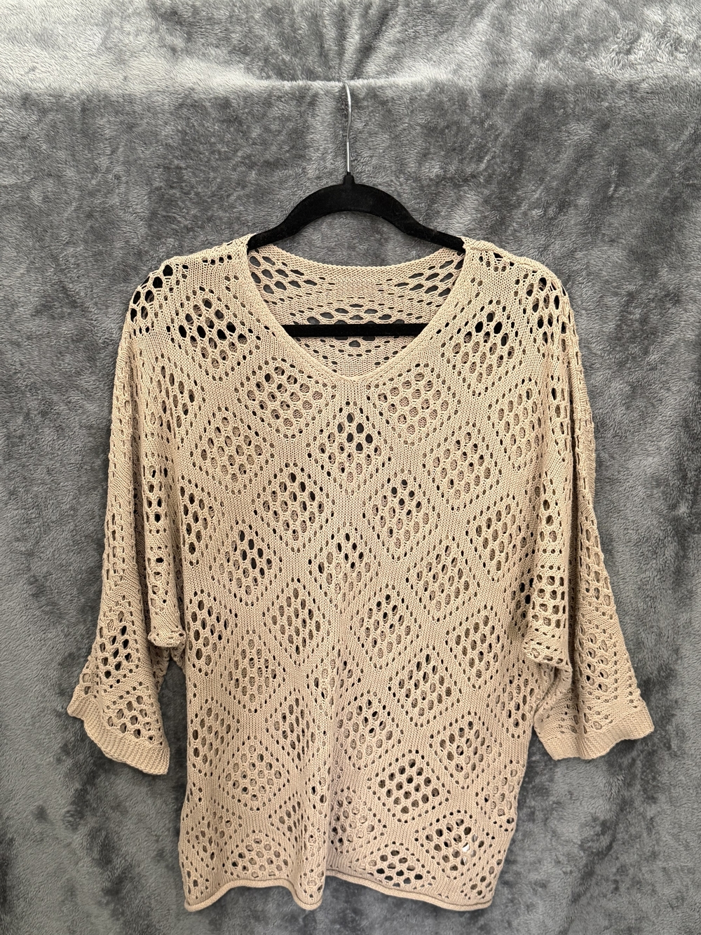 SHEIN Beige Crochet Knit V-Neck Sweater Top